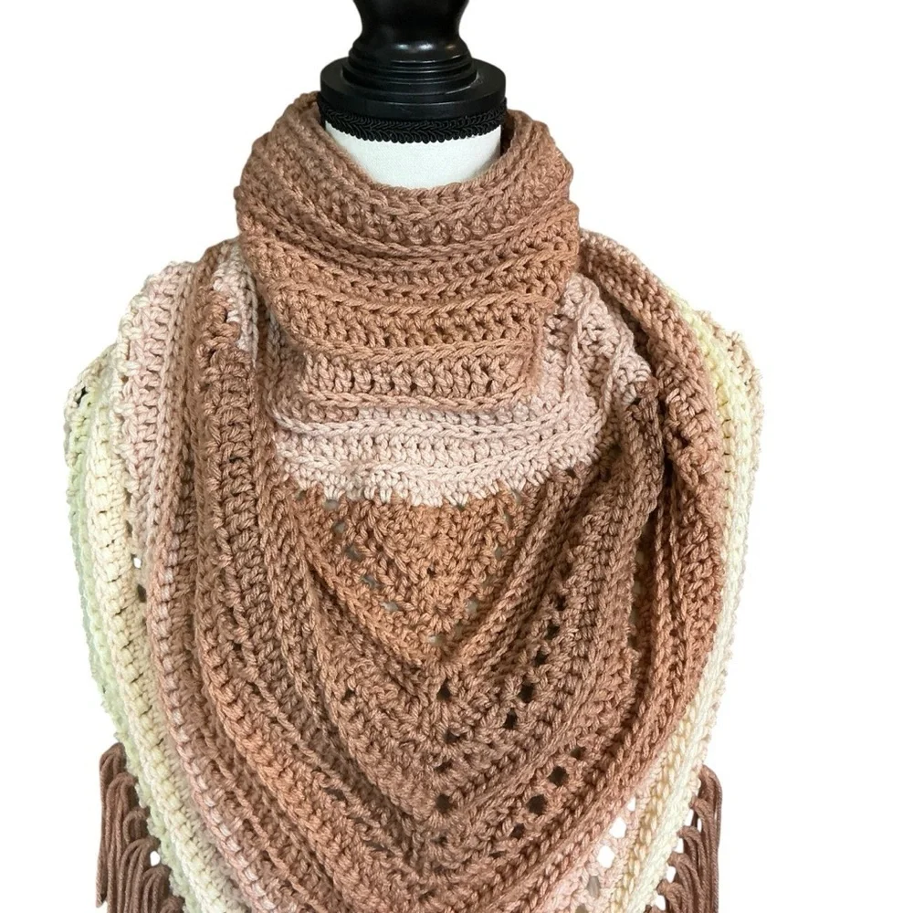 Hand Crafted‎ Crochet Turtle Neck Scarf in Beige and Cream with Fringe